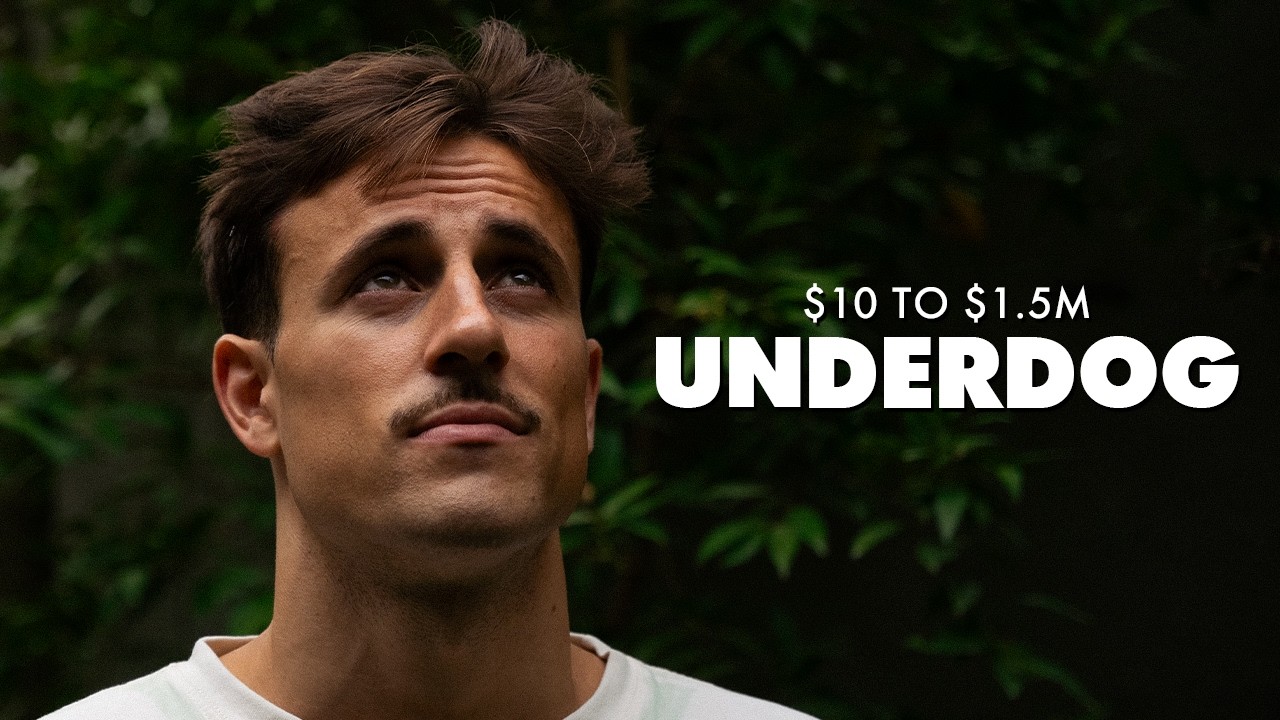 Marc Lou looking upward in front of dark green foliage, with the words $10 to $1.5M Underdog beside him, from the Starter Story video published 5 August 2024