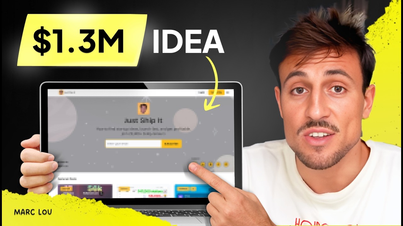 Marc Lou pointing at a laptop showing a Just Ship It landing page, beside the words $1.3M idea, from the Startup Ideas Podcast published 11 September 2024